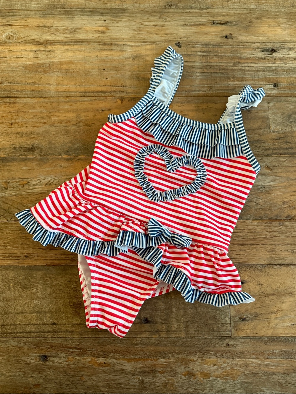 Vintage Red & White Striped One-Piece Swimsuit with Navy Trim